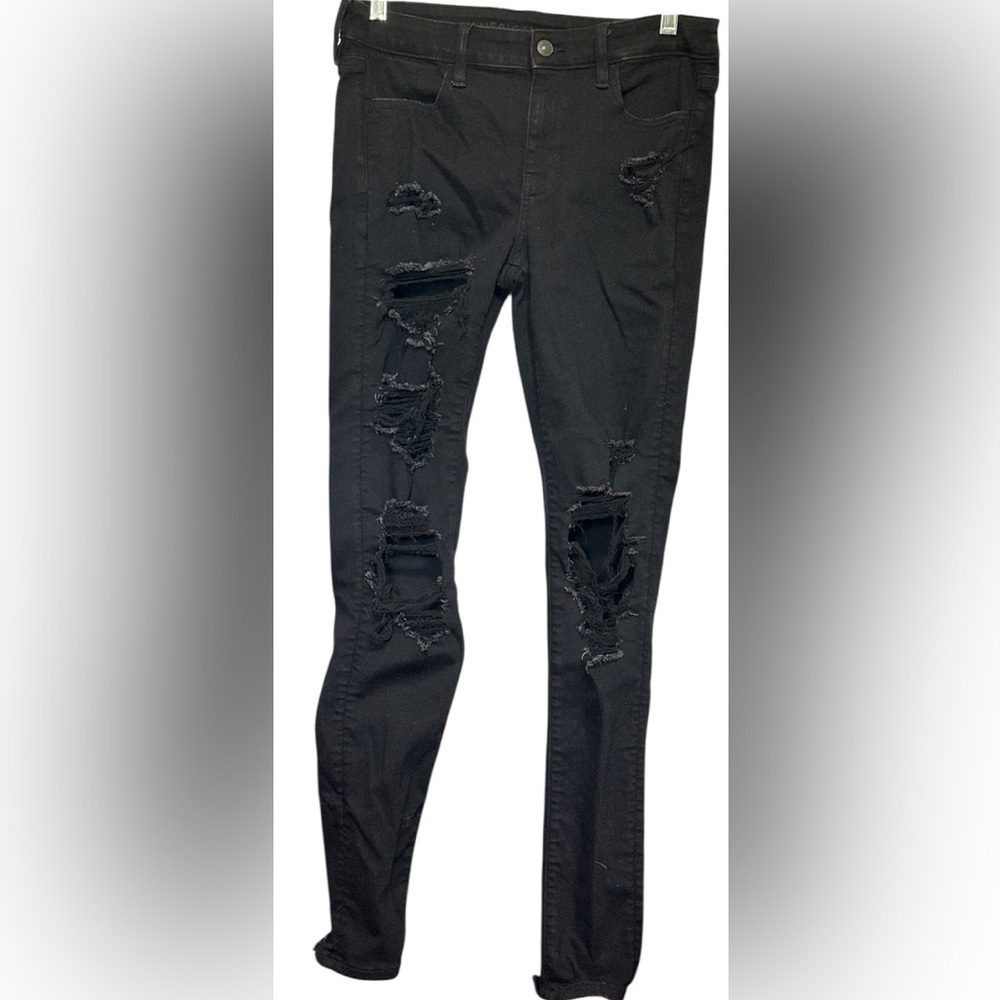 AMERICAN EAGLE WOMENS DREAM STRETCH JEGGING DESTROYED BLACK 10L/30W - Picture 2 of 9